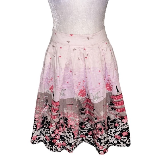 Pink Chinoiserie Pagoda Floral Blush Pink Pleated Flared Midi Skirt - XS - Picture 4 of 12